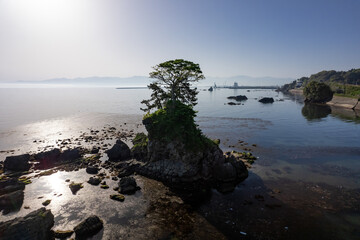 雨晴海岸・女岩と立山連峰（ドローンによる空撮）