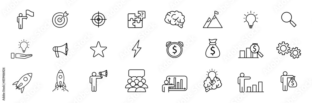 Poster project icons. launch of a project, business report and goal. strategy icons linear set. vector