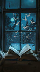 Magical image of open antique book over wooden table with glitter overlay