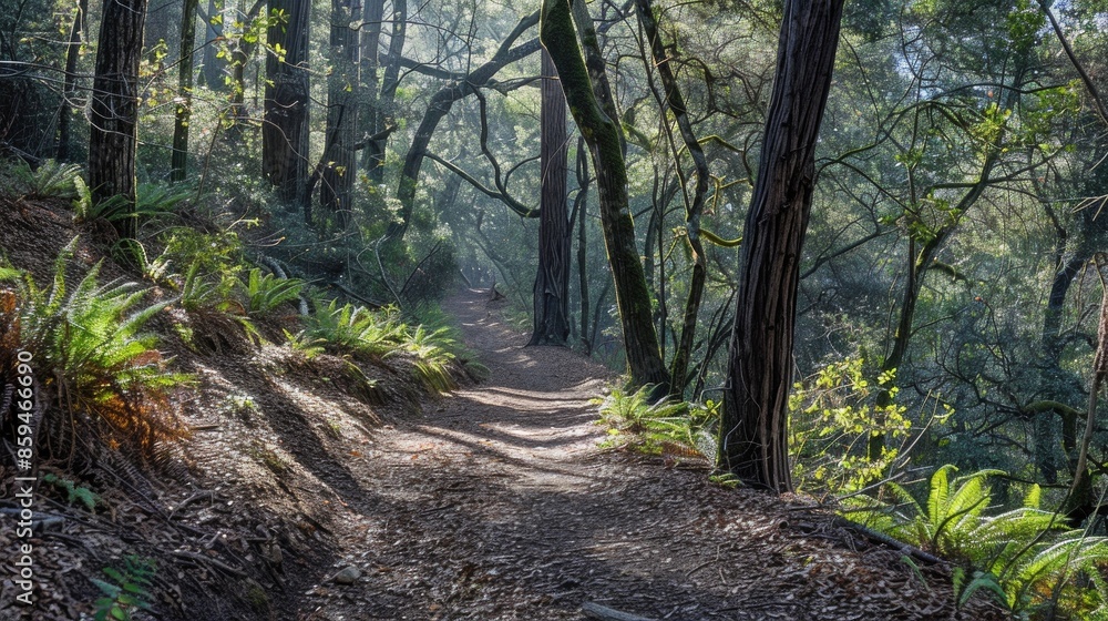 Poster background image of sunlight filtering through a dense green forest, highlighting the tranquility an