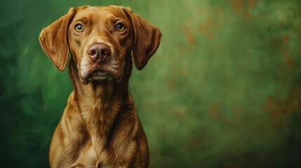 Dog portrait on green background with friendly demeanor