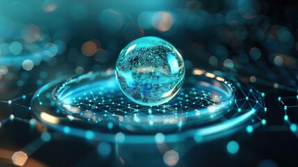 Abstract glowing blue sphere on futuristic technology platform.