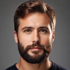 Obraz premium Close-up portrait of a handsome man with a brown beard and eyes, isolated studio shot