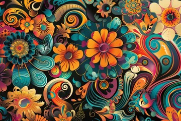 Naklejka premium combining vibrant psychedelic patterns with intricate floral designs, featuring bold colors and swirling motifs, creating a captivating and artistic composition