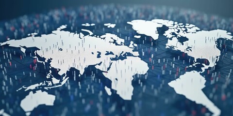 Digital world map with glowing cyber data points on dark blue background. Global connectivity and internet technology concept. Design for network, communication, technology innovation theme. AIG35.