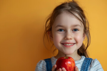 Smiling little girl holding a big red apple on a yellow background with empty space for text.