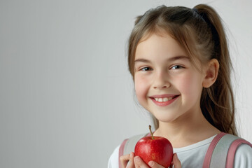 Smiling little girl holding a big red apple on a gray background with empty space for text.