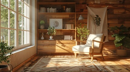 Cozy Reading Nook with a Wooden Bookcase and Sunbeams