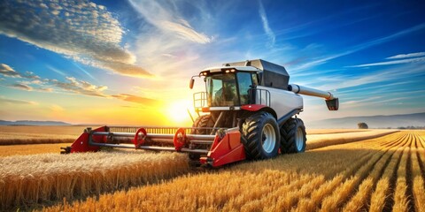 Obraz premium Combine Harvester at Sunset in a Wheat Field