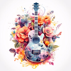 Floral Ornamental Watercolor Illustration of Electric Guitar