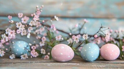 Fototapeta premium Easter themed decor with pastel eggs on wooden backdrop