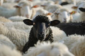 A black sheep among white sheep in a herd.


