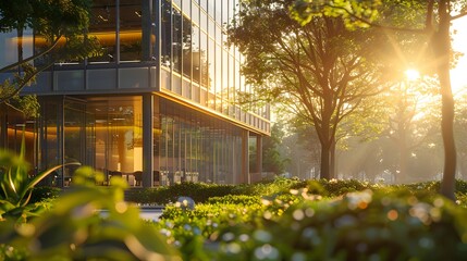 An animated video showcasing the exterior design and architecture of an office building in Egham, with modern glass facades and greenery surrounding it.