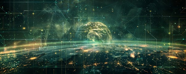 Fototapeta premium Map of modern technology connection on Earth, panorama banner. Generative AI.