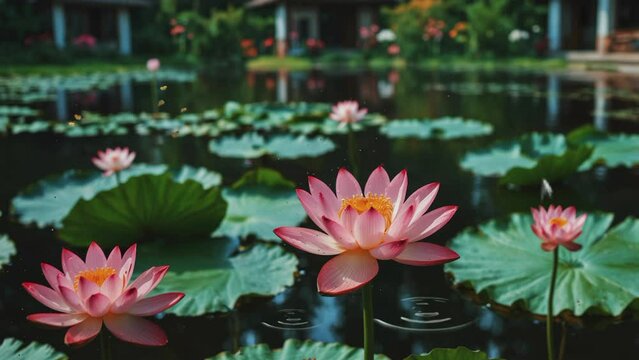 bunga teratai mekar di atas kolam air, latar belakang animasi video virtual perulangan 4K yang mulus