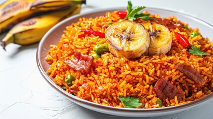 Traditional Nigerian Jollof rice with fried banana and fresh veggies on a white background