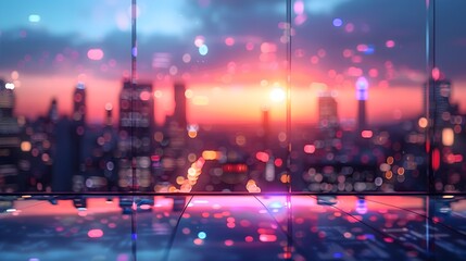 Fototapeta premium Sleek glass surface in the foreground set against a vibrant cityscape at dusk for an urban-themed product display.