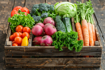 Ripe carrots, broccoli, cucumbers, tomatoes, lettuce leaves, and bell peppers in a wooden crate. Concept of eco-friendly products and farming for healthy eating and culinary use