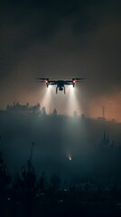 Fototapeta premium A MALE drone with a spotlight illuminating a target at night, casting harsh shadows across the landscape