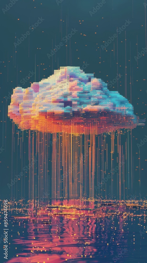 Poster a pixelated cloud dissolving into a rain of data, representing the ephemeral nature of cloud storage