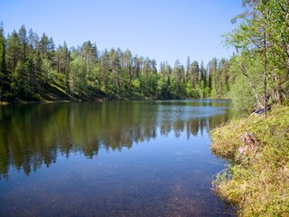 A clear water pond in the forest at Salla, Lapland, Finland.