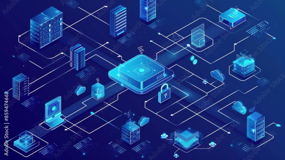 Poster blueprint-style flowchart representing cloud data migration, servers, storage, and network component