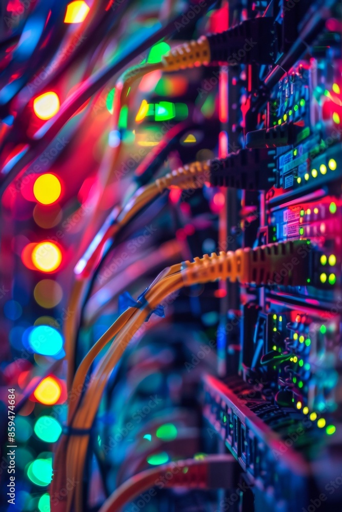 Poster close-up view inside a server rack, a tangle of colorful cables and blinking lights, focus on a sing