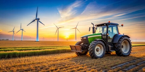 Green Tractor in a Field of Wind Turbines at Sunset