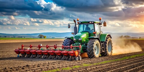 Fototapeta premium Green Tractor Working in a Field