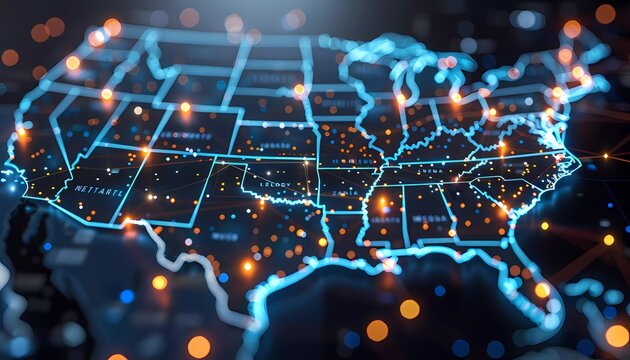 Cyber Shield: Defending National Data Integrity, the USA map with a large cyber shield overlay, cities with encrypted data symbols, national data integrity protection.