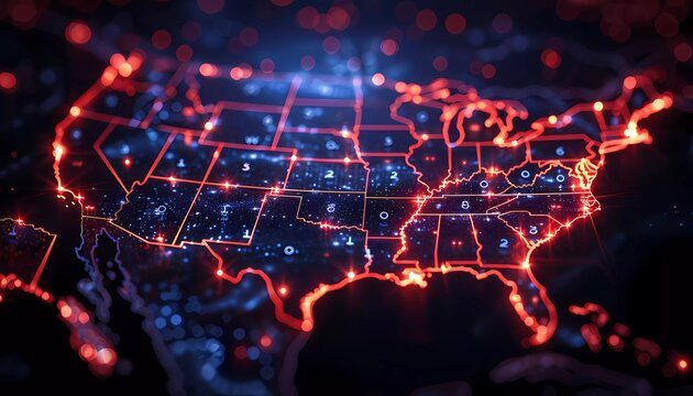 Cyber Shield: Defending National Data Integrity, the USA map with a large cyber shield overlay, cities with encrypted data symbols, national data integrity protection.