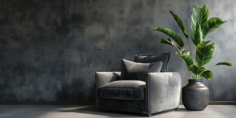 3D visualization of a grey velvet armchair with cushion and plant vase. Concept Grey Velvet Armchair, Cushion Design, 3D Visualization, Interior Decor, Plant Vase Integration