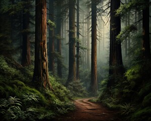 Mystical forest path surrounded by tall trees and lush greenery, creating a serene atmosphere in the woods.