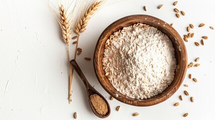 Top view of wheat seeds and flour in a wooden bowl with a spoon on white background