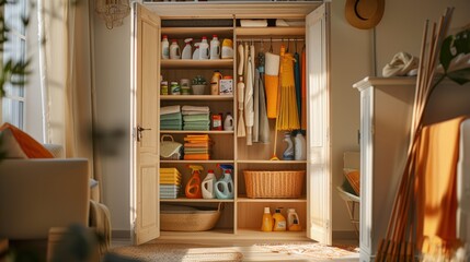 Open wooden closet with cleaning supplies, organized shelves, and sunlight streaming in from a nearby window in a cozy home.