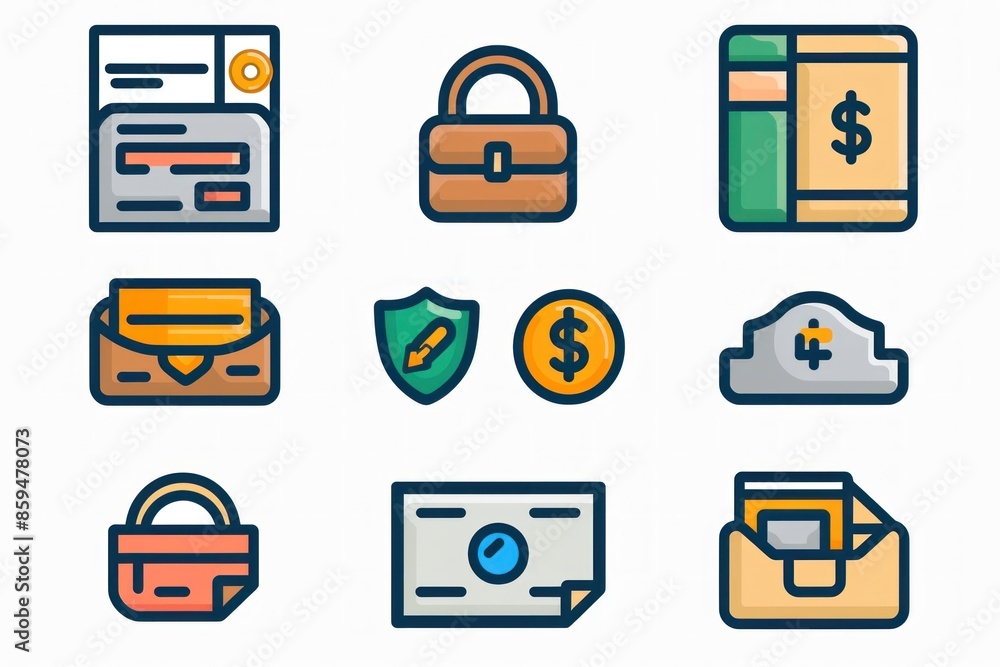 Wall mural a set of 2d icons for financial applications and websites. this collection includes symbols for tran