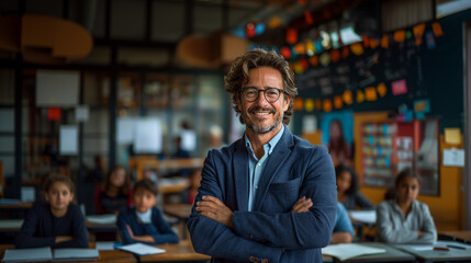 Fototapeta premium 40s hispanic Elementary school male teacher, he is standing with his arms crossed in front of the classroom. 