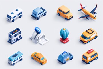 A set of 2D icons for travel and transportation apps and websites. This collection includes icons for flights, hotels, and car rentals, all designed with a modern and clear aesthetic. These icons are