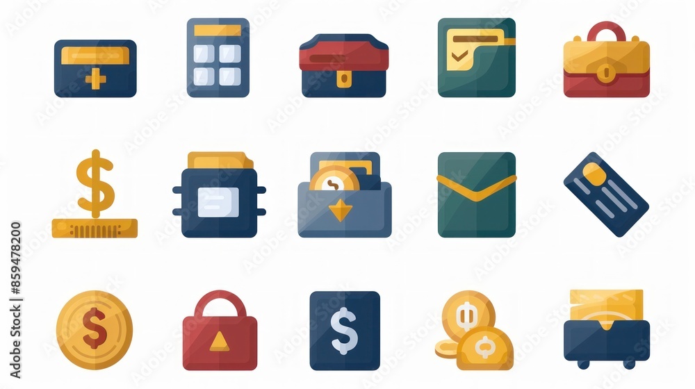 Wall mural a set of 2d icons for financial applications and websites. this collection includes symbols for tran