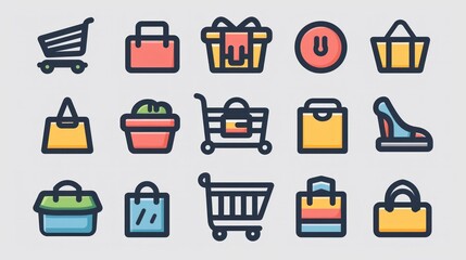 A set of 2D icons for e-commerce apps and websites. This collection includes icons for shopping carts, wishlists, and order tracking, all designed with a sleek and straightforward style. These icons