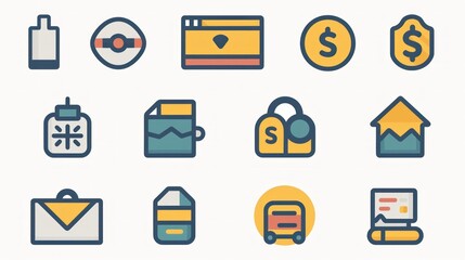 A set of 2D icons for financial applications and websites. This collection includes symbols for transactions, wallets, and bank accounts, all designed with simplicity and clarity. These icons are