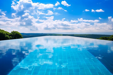 A pool with a blue tile floor and a railing.
