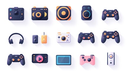 A set of 2D icons for entertainment apps and websites. This collection includes icons for music, movies, and games, all designed with a sleek and modern look. These icons are perfect for