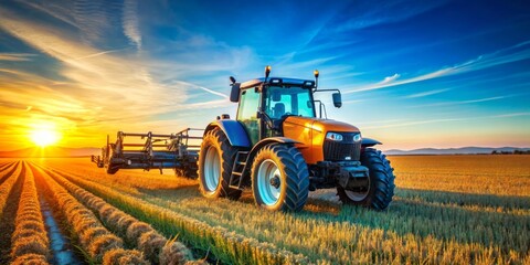 Fototapeta premium Modern Tractor Working in Field at Sunset