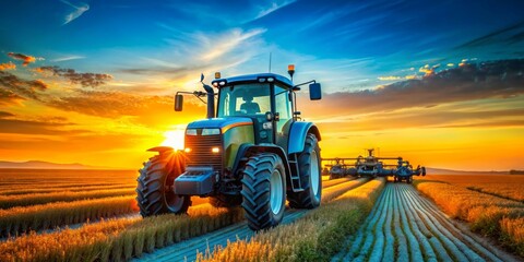 Obraz premium Blue Tractor in a Golden Field at Sunset