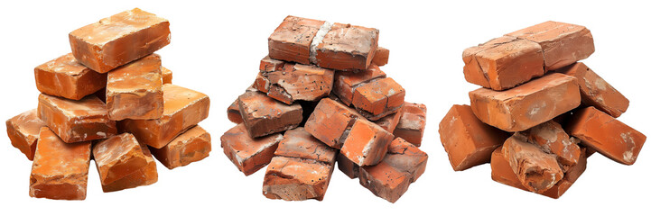 collection of pile of red bricks isolated on transparent background