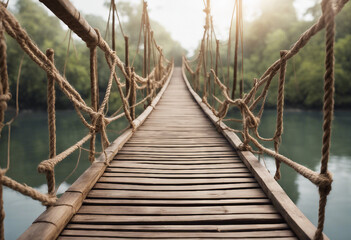 Fototapeta premium A jungle hanging bridge made of ropes and wooden planks isolated on transparent background