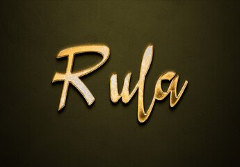 Old gold text effect of Arabic name Rula with 3D glossy style Mockup.