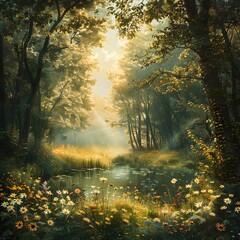 Obraz premium Enchanting Forest Lake: Serene Nature Scene with Tall Trees, Wildflowers, and Soft Sunlight Filtering Through Leaves