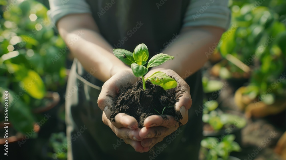 Poster hands holding young plant